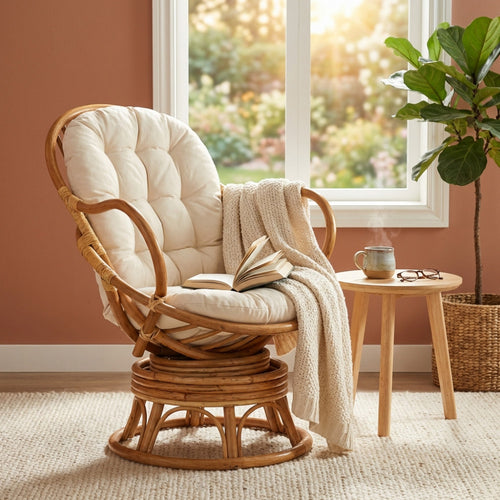 Vista angolata della poltrona in rattan Sanbor con cuscino trapuntato, un libro aperto e un plaid drappeggiato, posizionata accanto a un tavolino in legno.