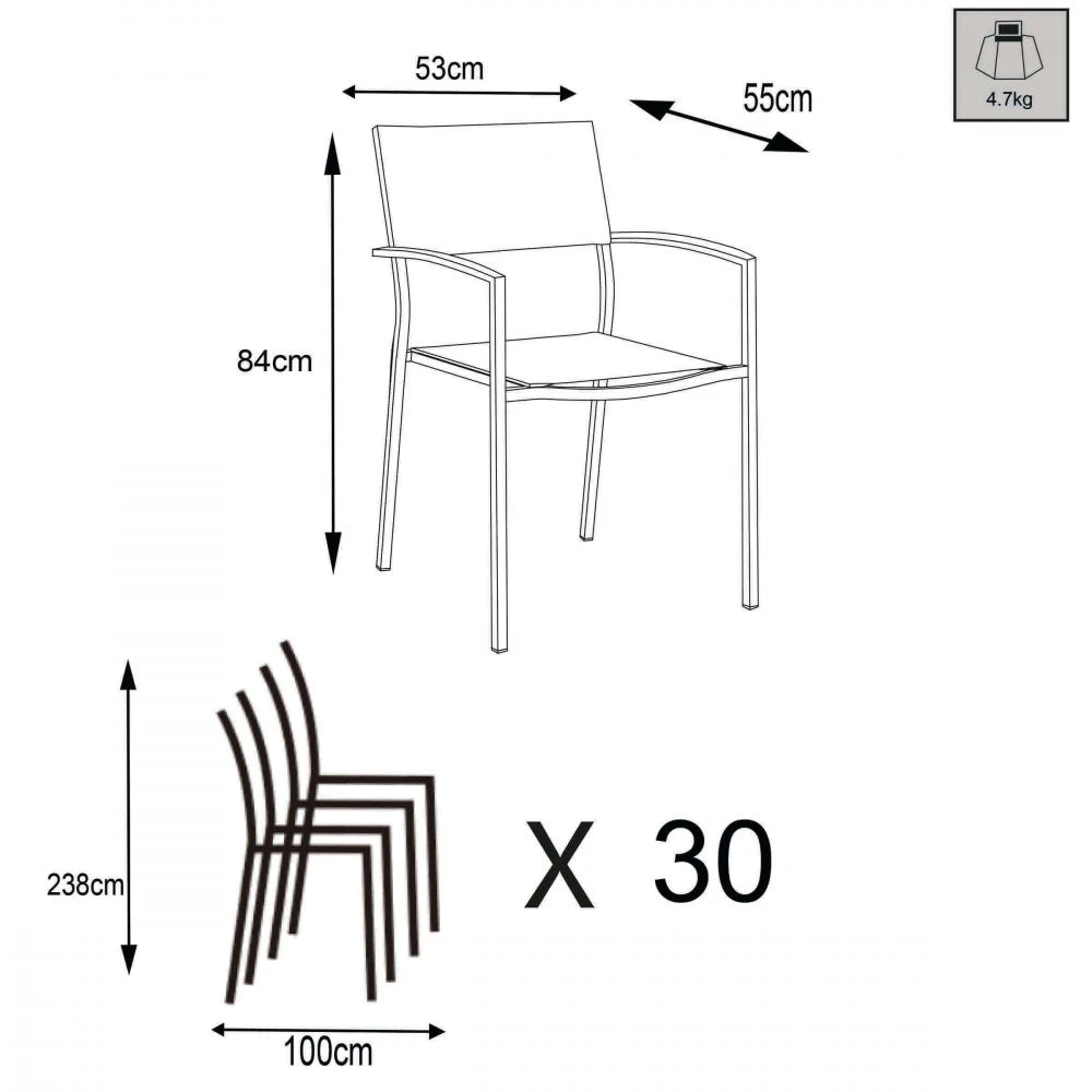 Sedia da giardino Florida in alluminio e textilene, design moderno e minimal, misure e schema impilabile