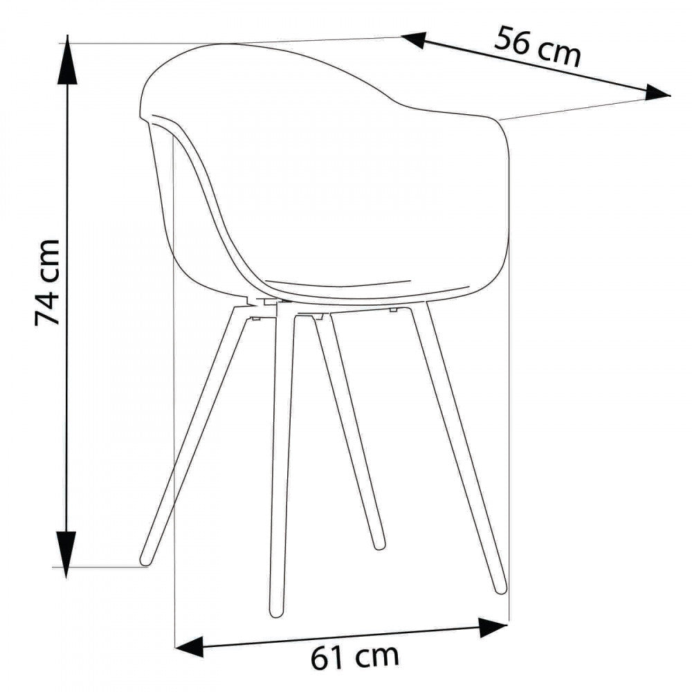 Disegno tecnico della poltrona Sestriere con quote dimensionali: larghezza 61 cm, profondità 56 cm e altezza 74 cm.