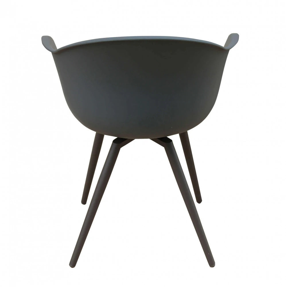 Poltrona Sestriere Taupe (Tortora) in polipropilene con design a listelli e gambe in alluminio, per interno/esterno, vista posteriore