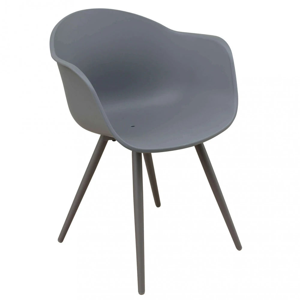 Poltrona Sestriere Taupe (Tortora) in polipropilene con design a listelli e gambe in alluminio, per interno/esterno.