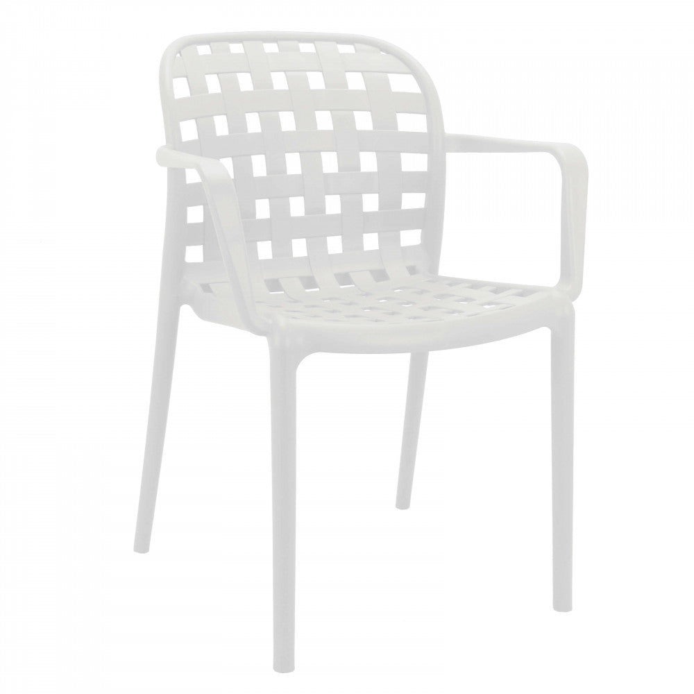 Vista angolare della poltrona Sharon bianca, che evidenzia la struttura robusta e lo schienale traforato.