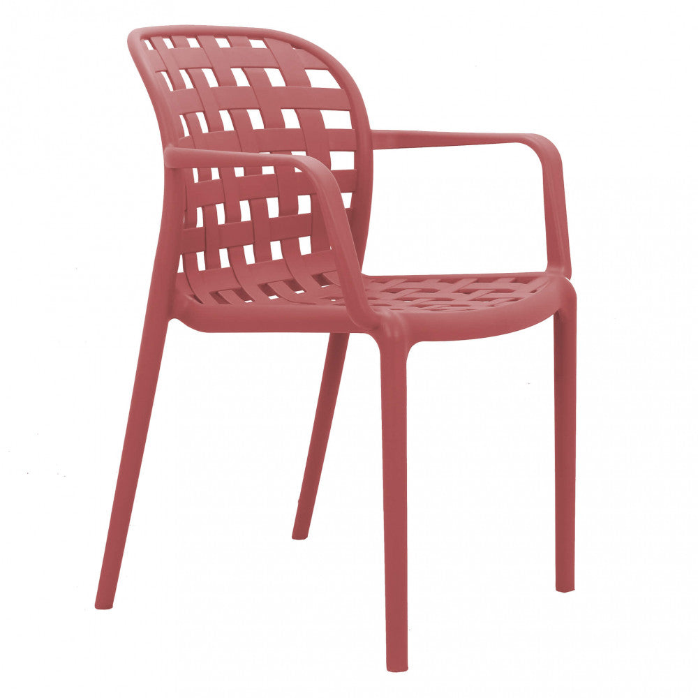 Profilo laterale della poltrona Sharon in polipropilene rosso che mostra l'inclinazione ergonomica su sfondo bianco.