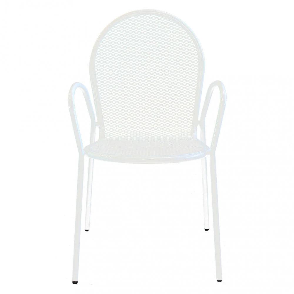 Poltrona Sheffield Bianca impilabile in metallo verniciato a polvere, design elegante e moderno per esterni, vista anteriore