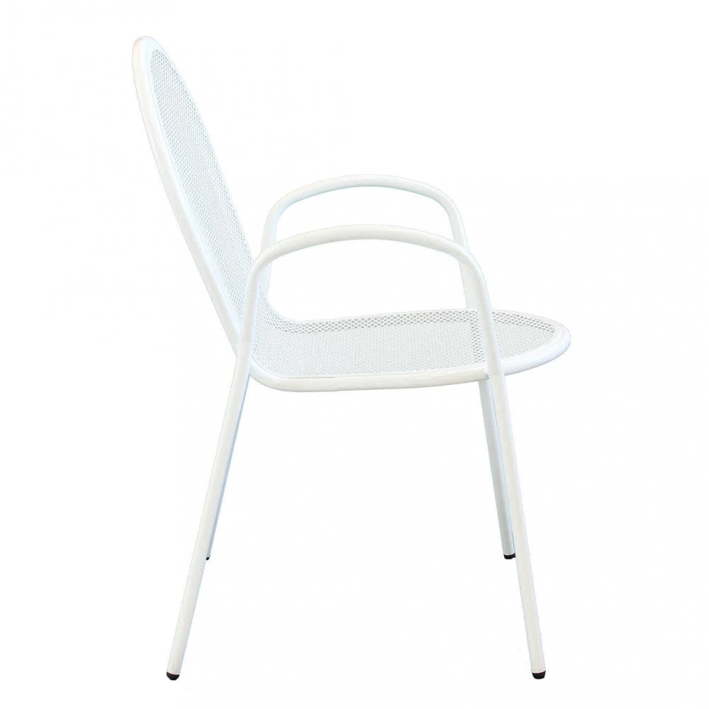 Poltrona Sheffield Bianca impilabile in metallo verniciato a polvere, design elegante e moderno per esterni, vista laterale