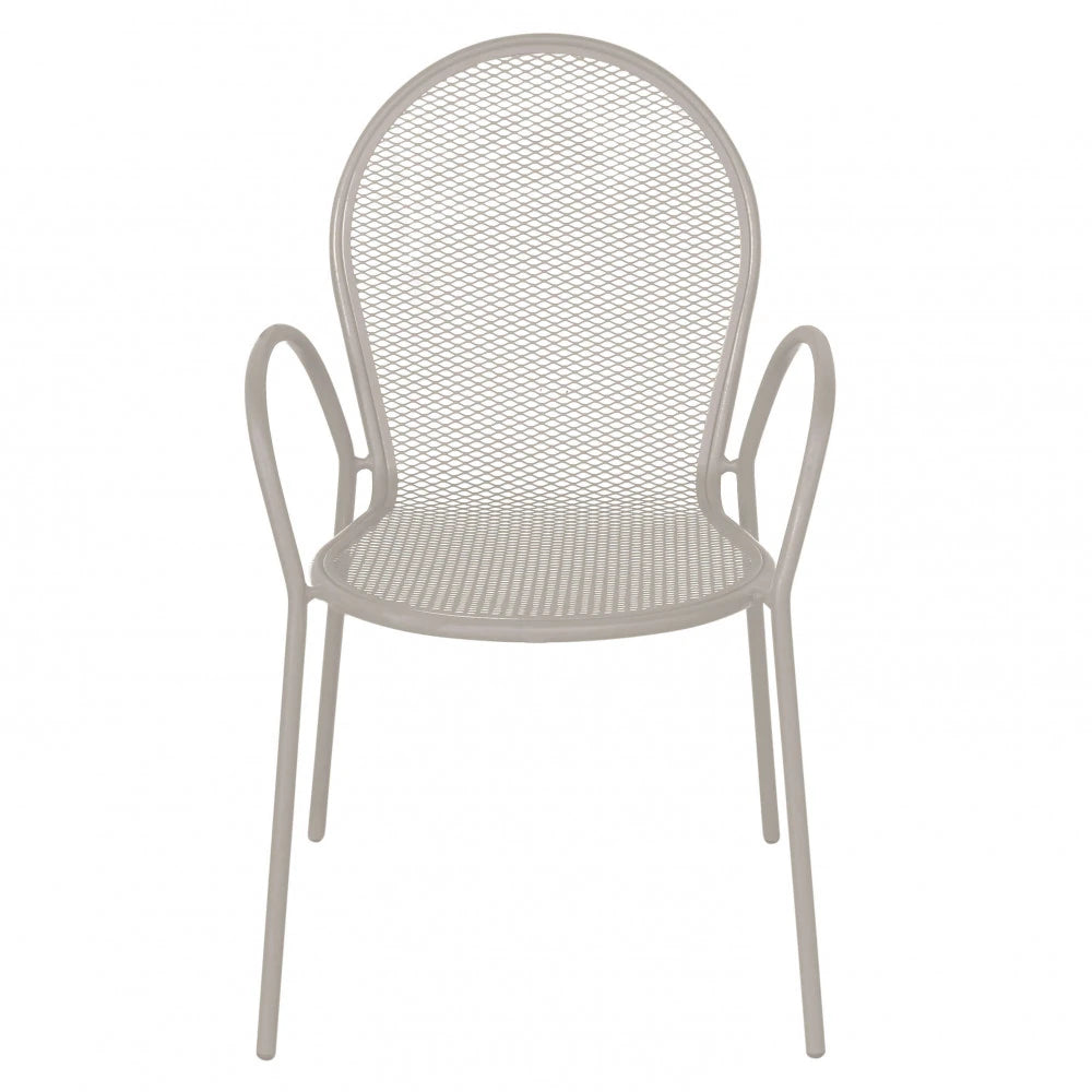 Poltrona Sheffield Tortora impilabile in metallo verniciato a polvere, design elegante e moderno per esterni, vista anteriore