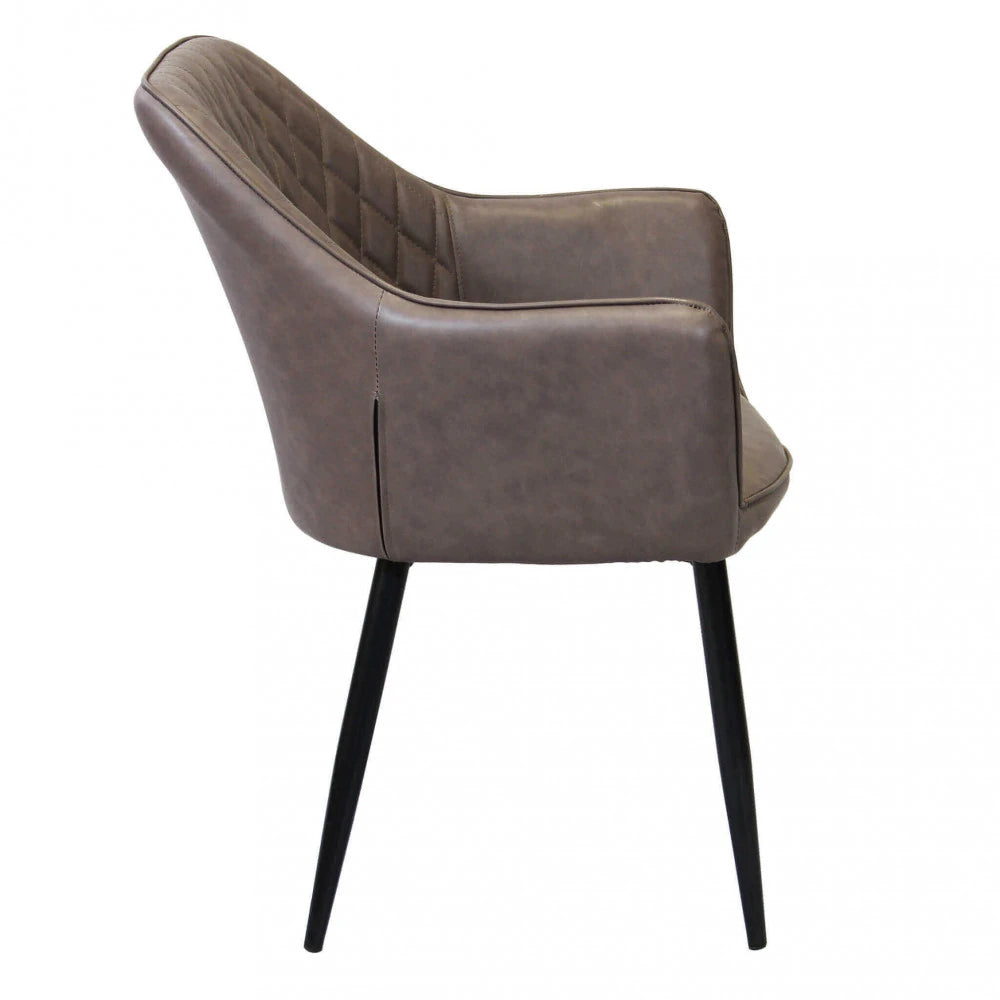 Poltrona Sindy in ecopelle marrone con struttura in metallo, design elegante, vista laterale