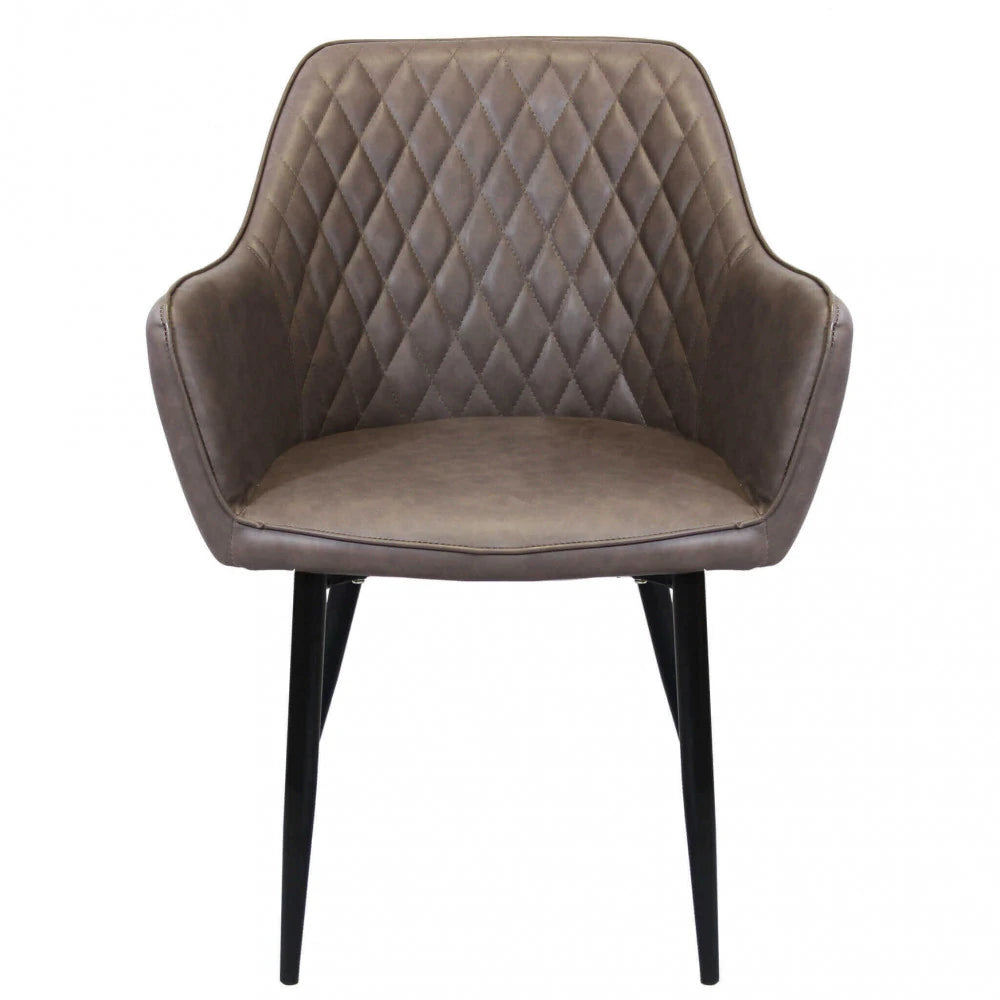 Poltrona Sindy in ecopelle marrone con struttura in metallo, design elegante, vista frontale