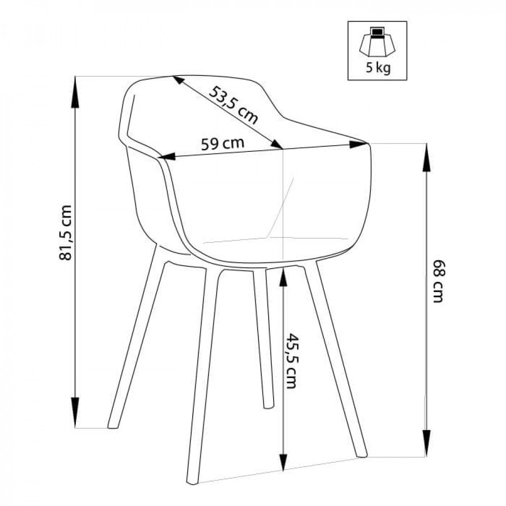 Disegno tecnico della poltrona Vannes con quote dimensionali dettagliate e indicazione del peso.