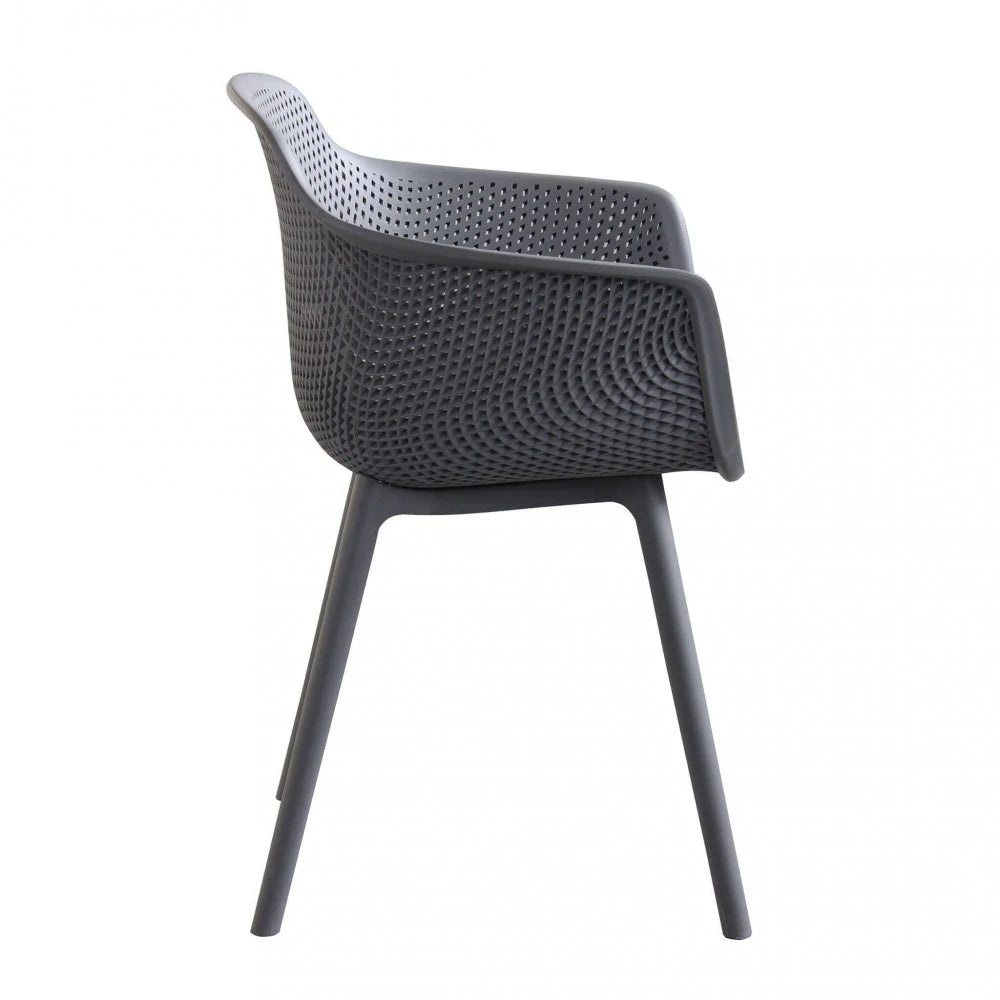 Poltrona Vannes Taupe monoscocca in polipropilene, design ampio ed ergonomico per giardino e soggiorno, vista laterale