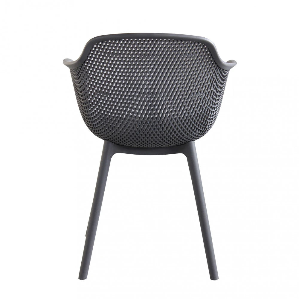 Poltrona Vannes Taupe monoscocca in polipropilene, design ampio ed ergonomico per giardino e soggiorno, vista posteriore