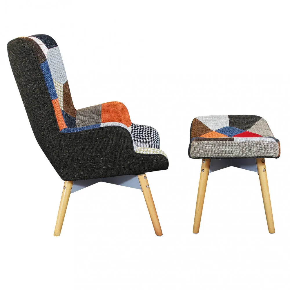 Poltrona con poggiapiedi Versailles in tessuto Patchwork multicolor, struttura in legno e acciaio, vista laterale