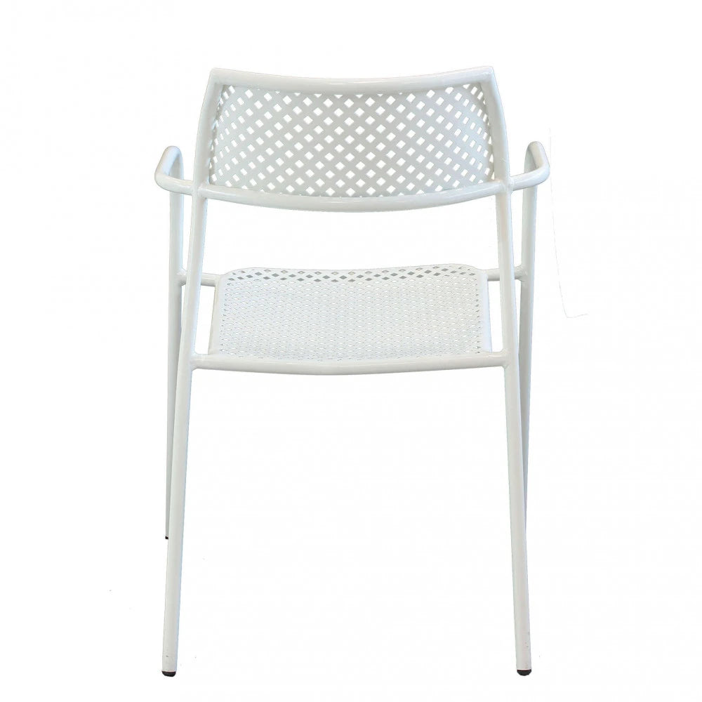 Poltrona Windsor Bianca impilabile in metallo verniciato a polvere, design elegante e moderno per esterni, vista posteriore