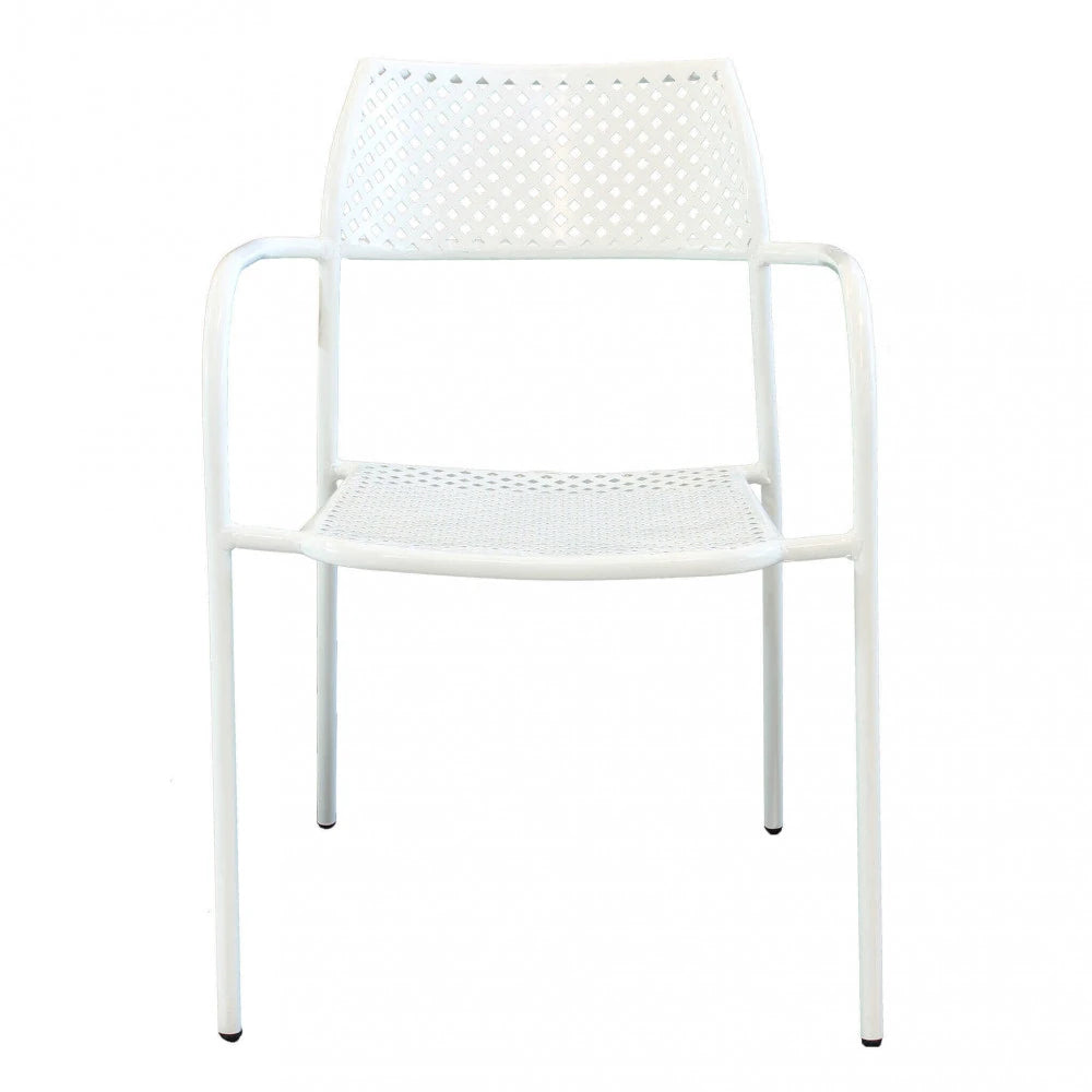 Poltrona Windsor Bianca impilabile in metallo verniciato a polvere, design elegante e moderno per esterni, vista frontale