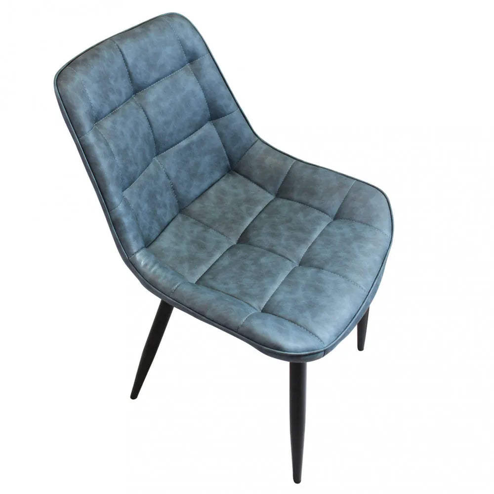 Poltrona Winona in ecopelle blu, sedia moderna con gambe in metallo nero, panoramica alta