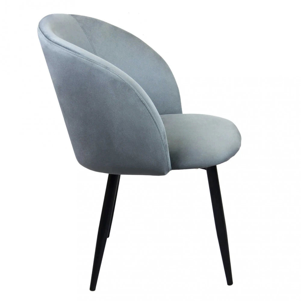Poltrona Yasmina in velluto grigio, seduta moderna con struttura in metallo, vista laterale
