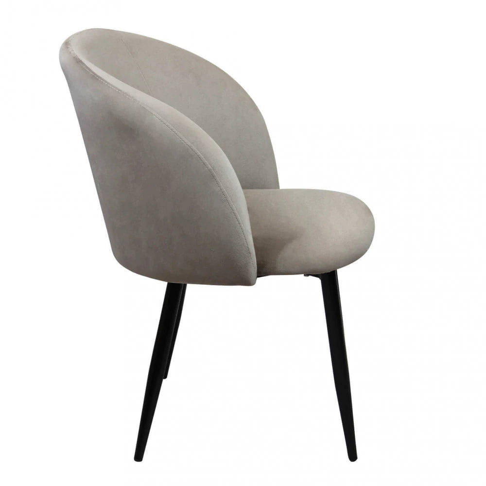 Poltrona Yasmina in velluto tortora con struttura in metallo, stile moderno, vista laterale