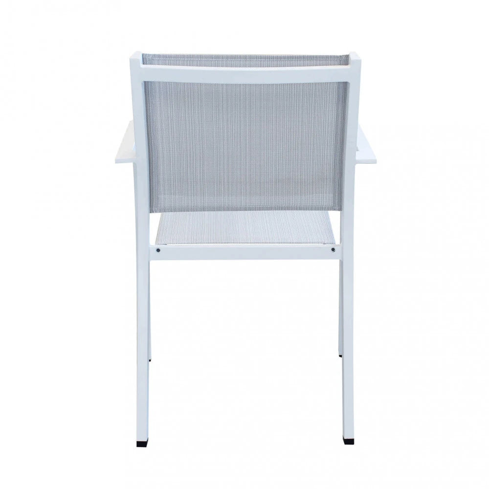 Poltrona Zante Bianca impilabile con struttura in alluminio e seduta in textilene, design minimalista per esterni, vista posteriore