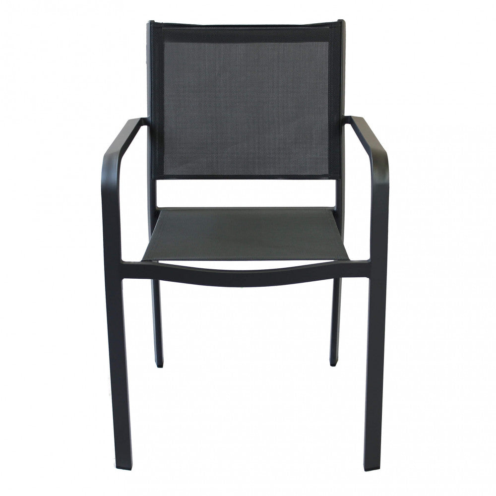 Poltrona Zante impilabile color antracite, con struttura in alluminio e seduta in textilene.