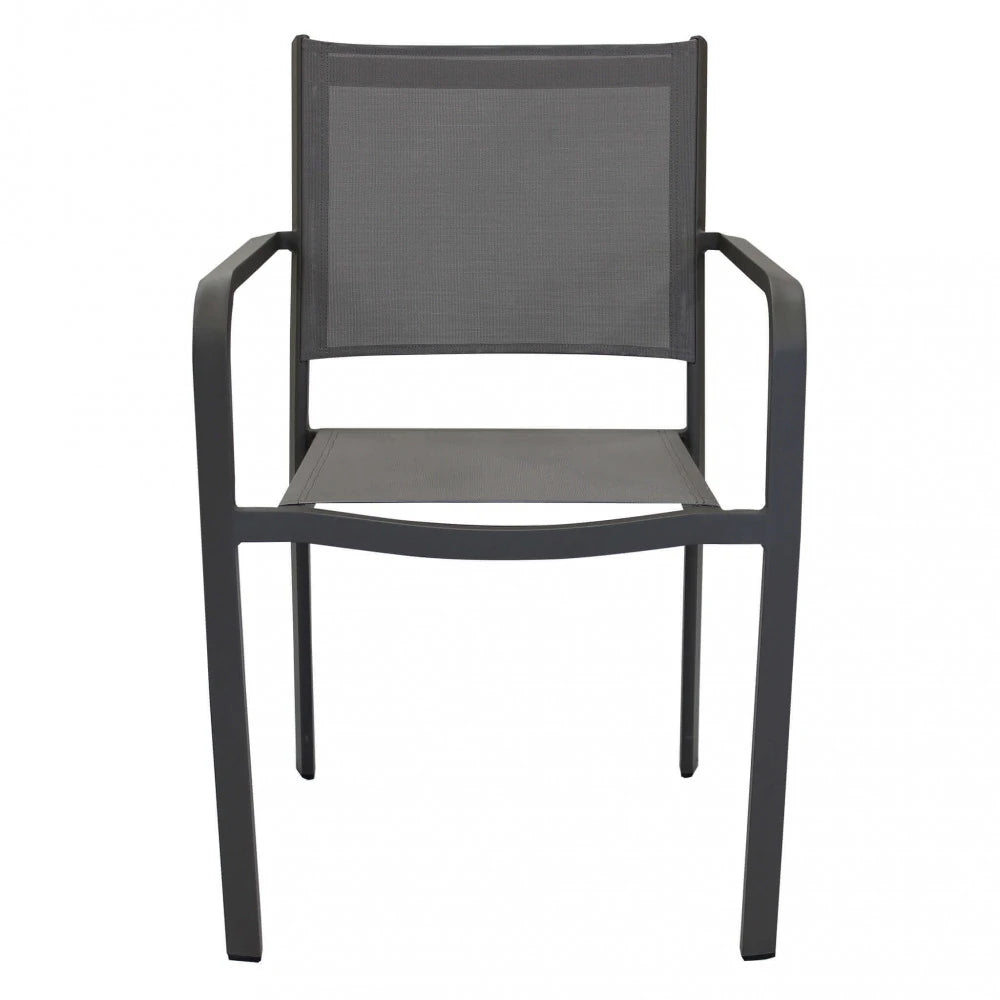 Poltrona Zante Taupe impilabile in alluminio antiruggine e seduta in textilene, design moderno per esterni, vista frontale