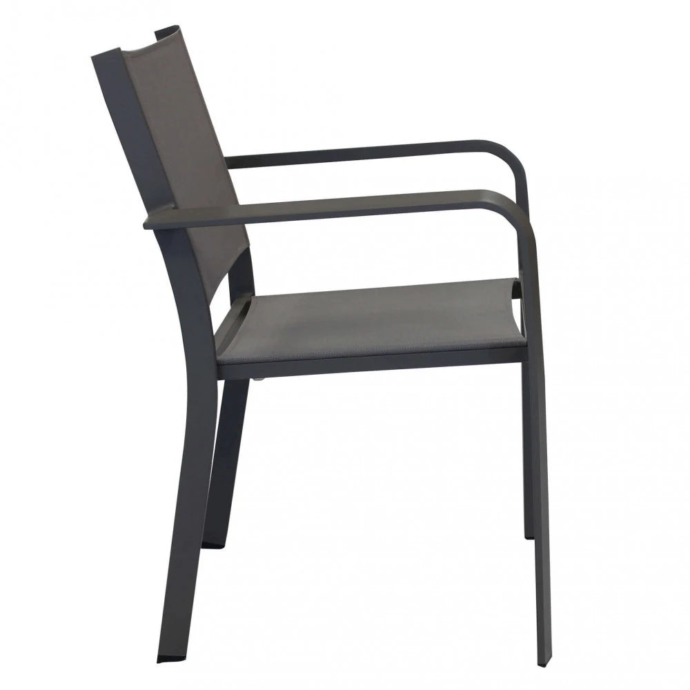 Poltrona Zante Taupe impilabile in alluminio antiruggine e seduta in textilene, design moderno per esterni, vista laterale