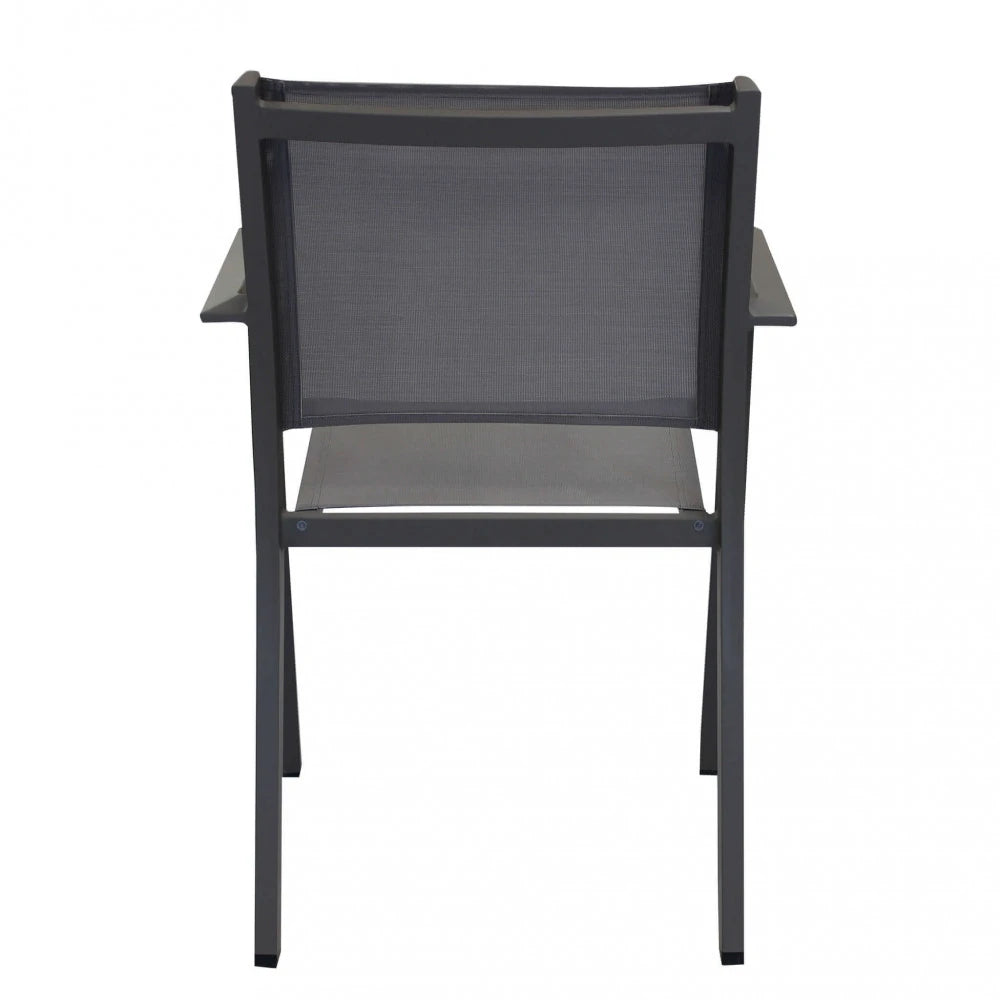 Poltrona Zante Taupe impilabile in alluminio antiruggine e seduta in textilene, design moderno per esterni, vista posteriore