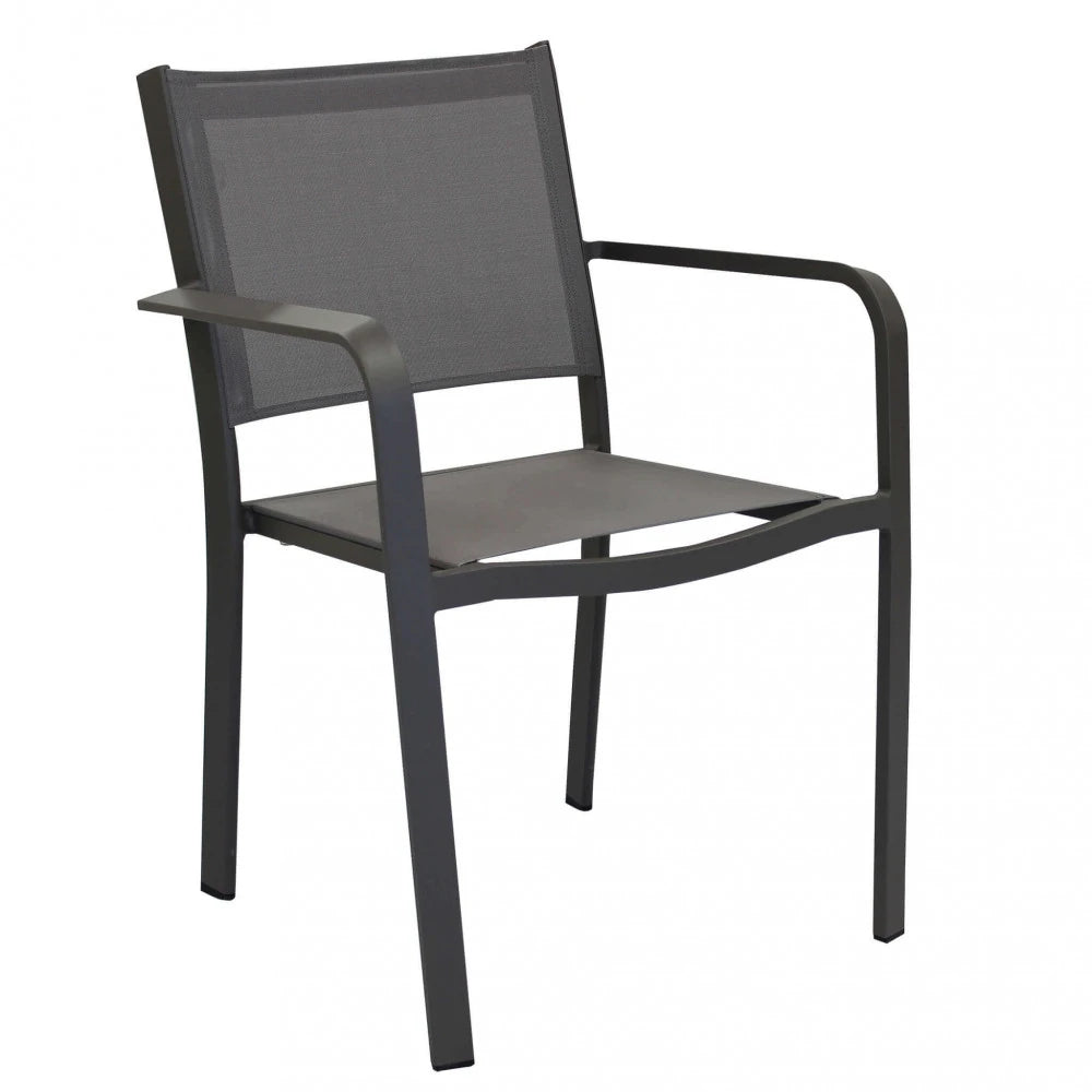 Poltrona Zante Taupe impilabile in alluminio antiruggine e seduta in textilene, design moderno per esterni.