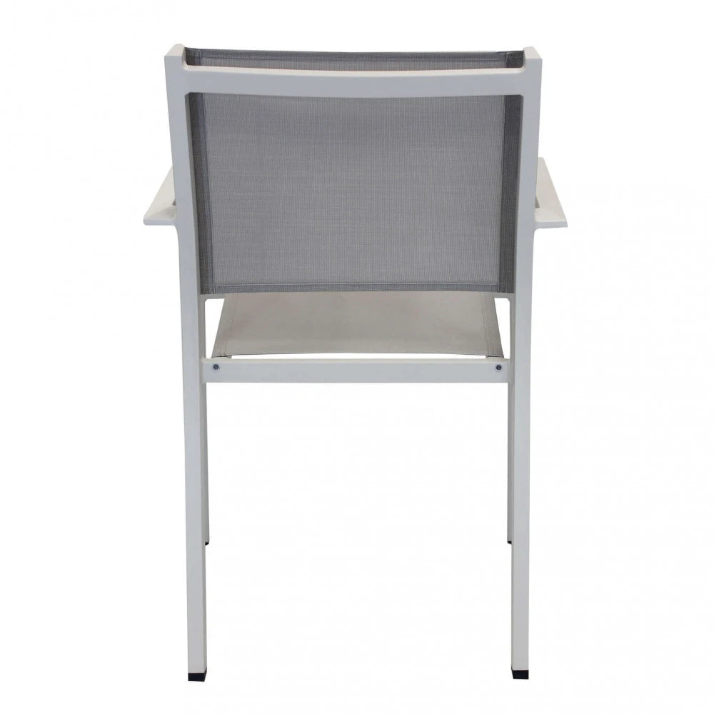 Poltrona Zante Tortora impilabile con struttura in alluminio e seduta in textilene, design minimalista per esterni, vista posteriore