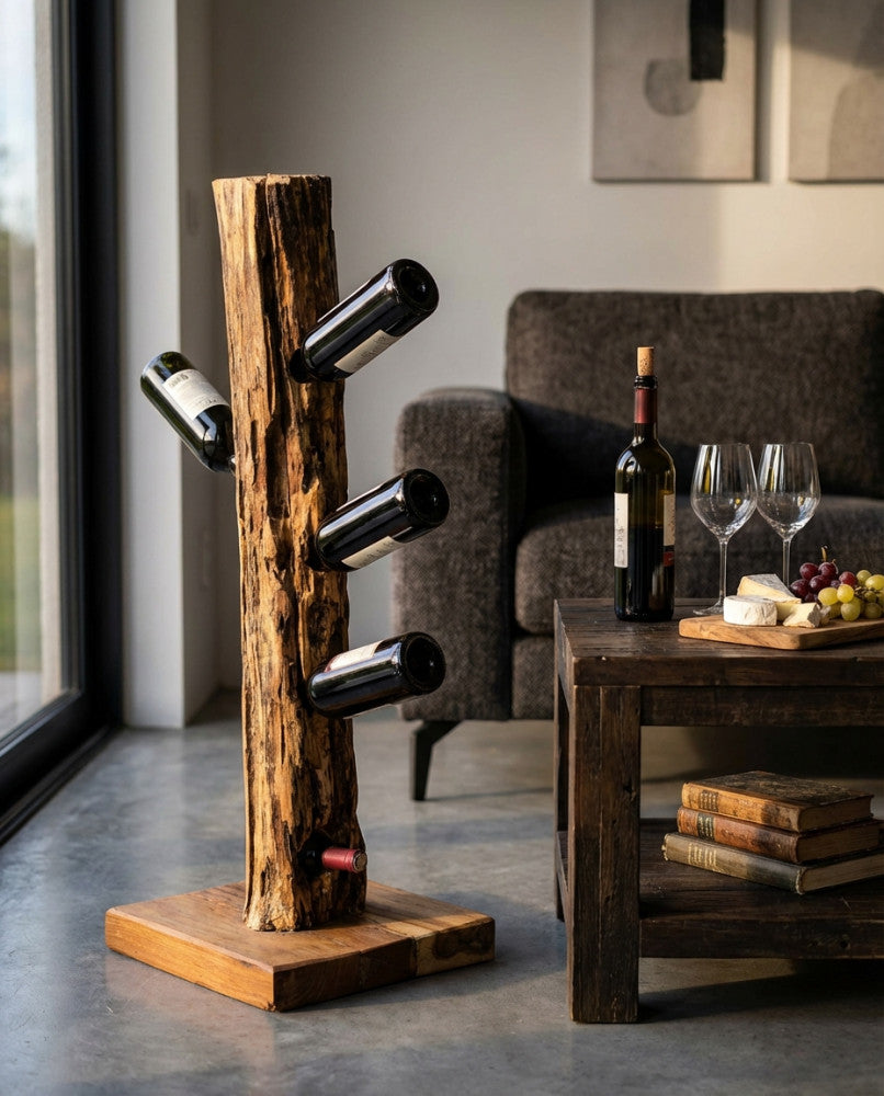 Portabottiglie Amber in legno riciclato posizionato in un salotto moderno con bottiglie di vino inserite.
