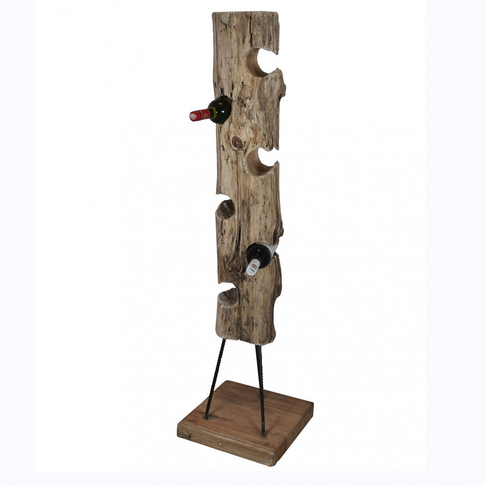 Prospettiva laterale del porta bottiglie Ashlee con due bottiglie inserite, evidenziando la stabilità della base in legno e ferro.