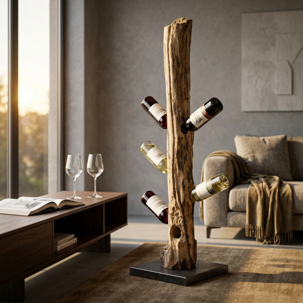 Dettaglio del porta bottiglie Beatrix con bottiglie di vino inserite, posizionato su un tappeto neutro in un living contemporaneo.