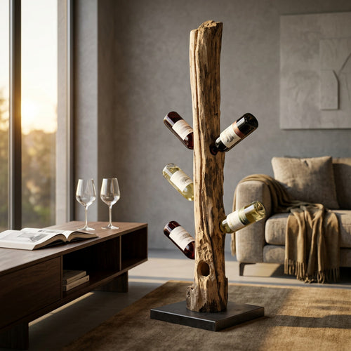 Dettaglio del porta bottiglie Beatrix con bottiglie di vino inserite, posizionato su un tappeto neutro in un living contemporaneo.