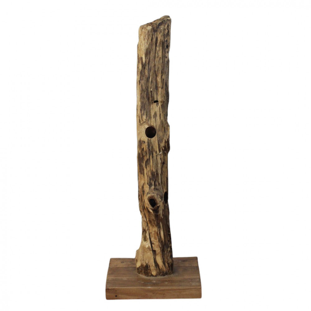 Profilo laterale del porta bottiglie Beatrix vuoto, che sottolinea la verticalità e la texture organica del legno naturale.