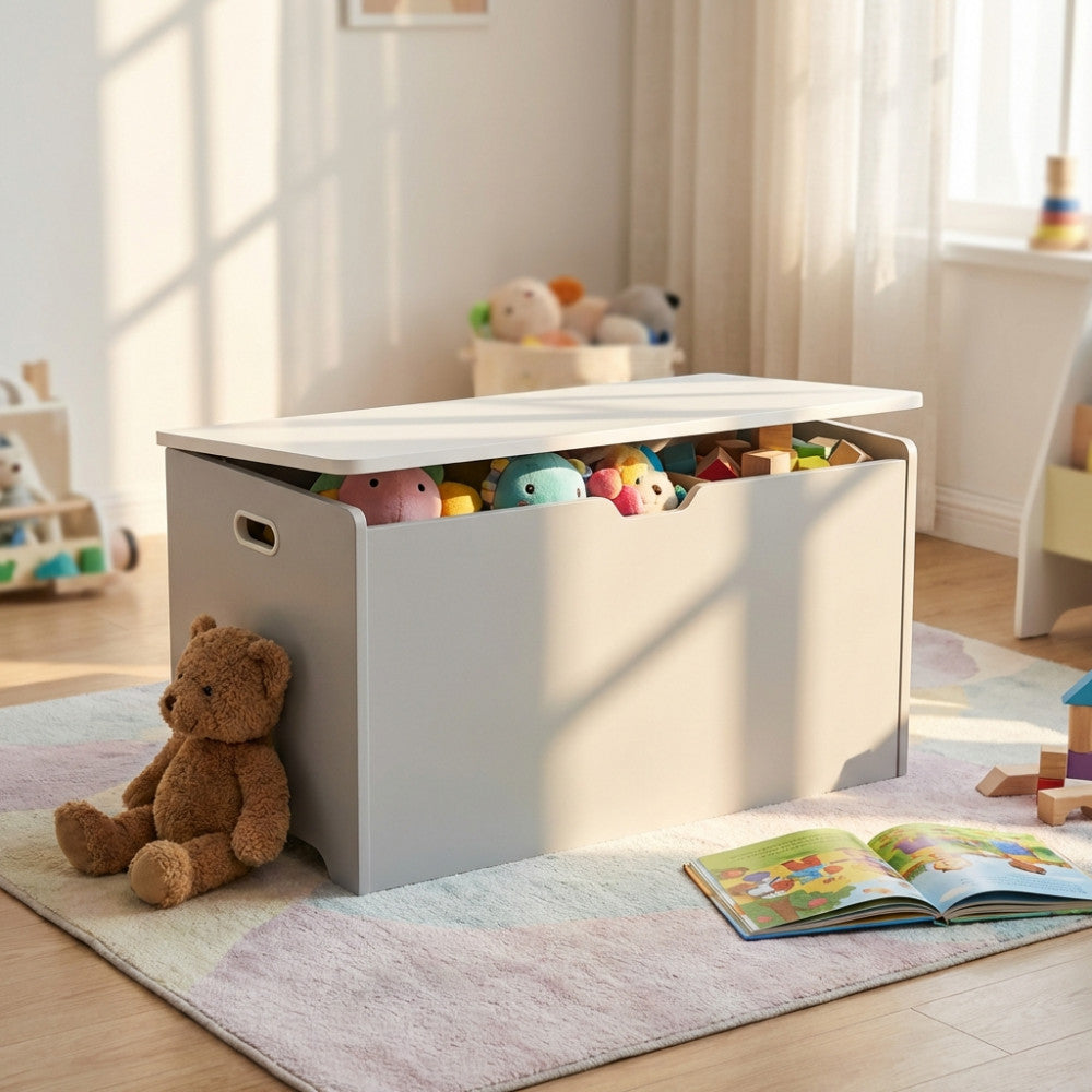 Contenitore porta giochi Brad colmo di peluche in un ambiente domestico illuminato dal sole.