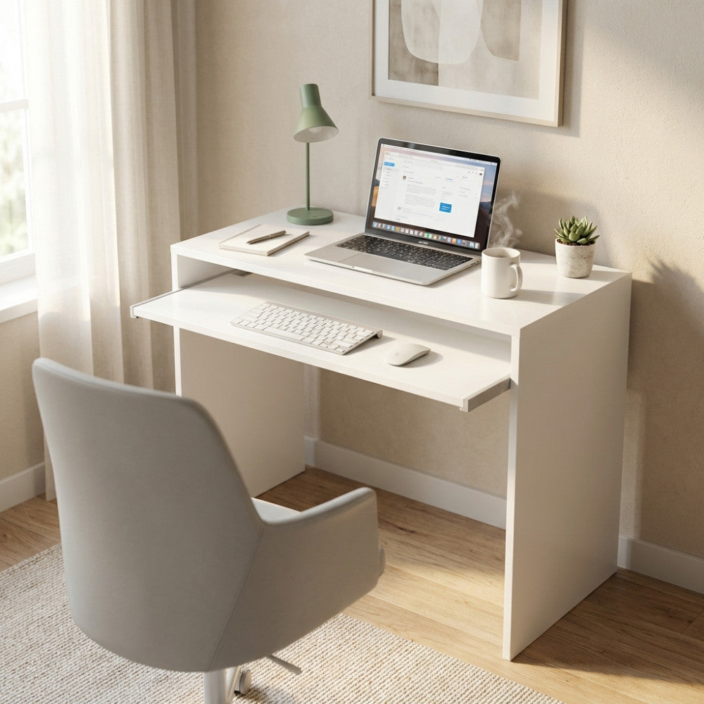 Scrivania porta PC Perry bianca ambientata in un luminoso home office con portatile e tazza fumante.