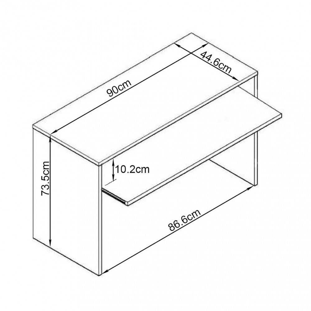 Disegno tecnico della scrivania Perry con dimensioni dettagliate: 90 cm di larghezza e 73,5 cm di altezza.
