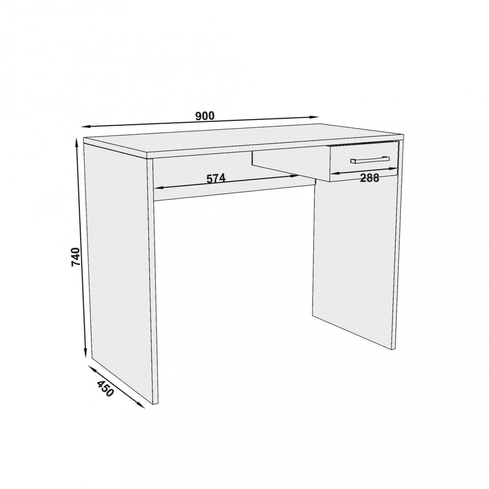 Disegno tecnico della scrivania Tom con quote dimensionali che indicano 90x45x74 cm.