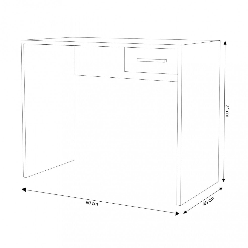 Disegno tecnico della scrivania Tom con quote dimensionali larghezza 90 cm profondità 45 cm altezza 74 cm.