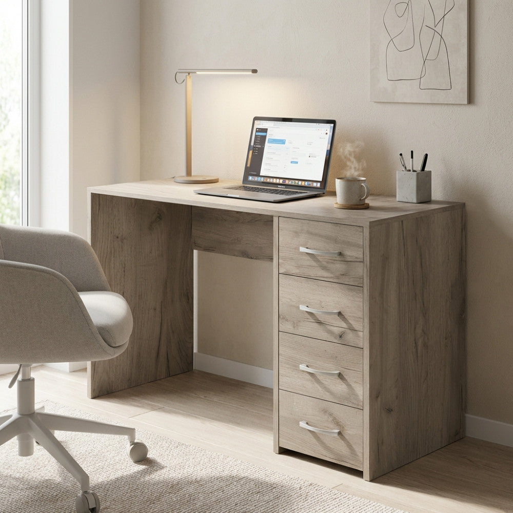 Scrivania PORTA PC TOPAZ OLMO in rovere grigio ambientata in uno studio luminoso con sedia ergonomica e laptop.