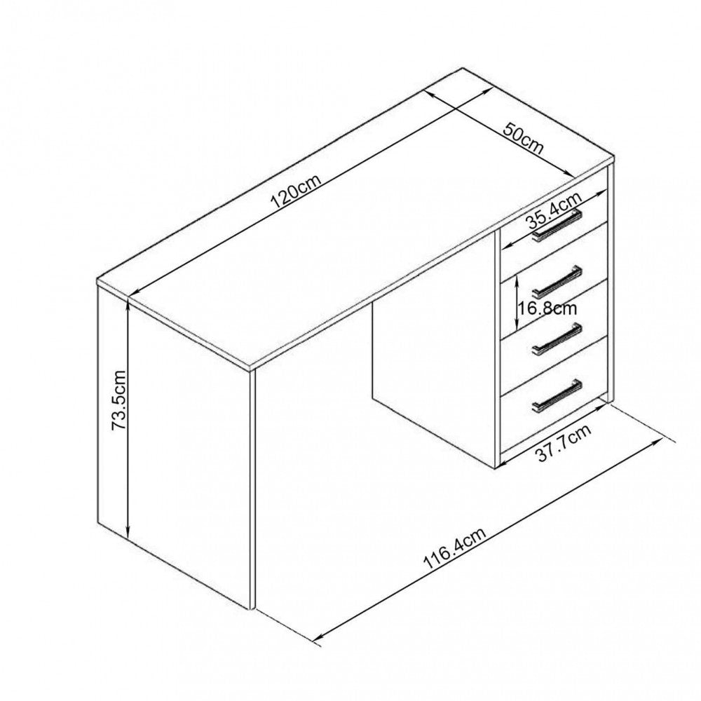 Disegno tecnico della scrivania con dimensioni dettagliate: 120x50x73.5 cm.