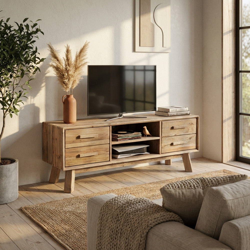 Vista angolare del Porta TV vintage con venature del legno a vista, decorato con vaso in terracotta e pampas.