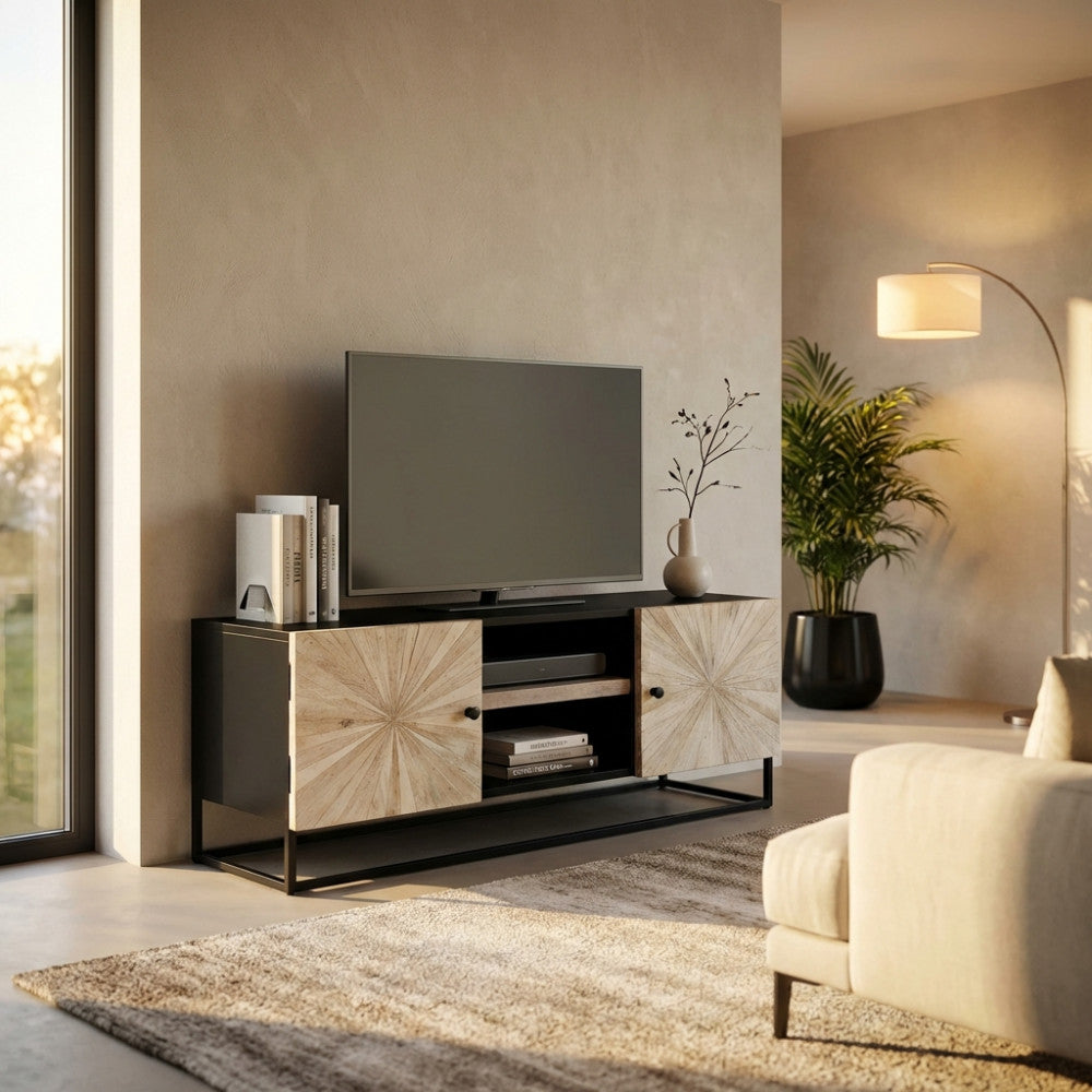 Mobile porta TV Stanford con televisore a schermo piatto in un salotto dal design contemporaneo.