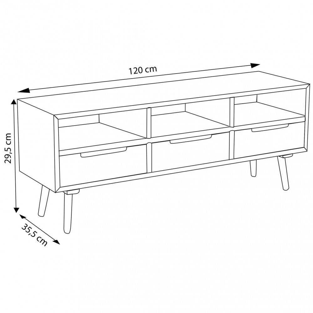 Disegno tecnico del porta TV Tiburg con quote dimensionali: larghezza 120 cm, profondità 35,5 cm e altezza 29,5 cm.