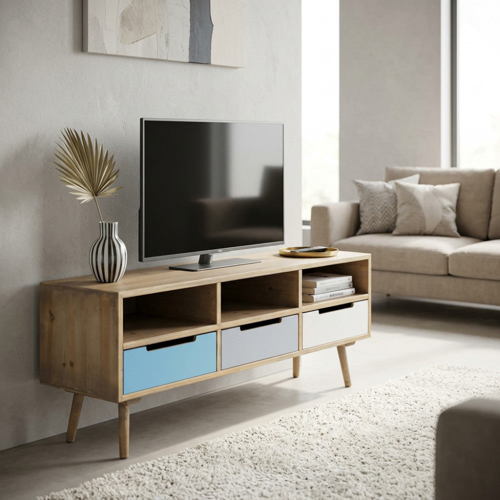 Porta TV Tiburg in MDF inserito in un luminoso salotto contemporaneo con divano beige e decorazioni minimaliste.
