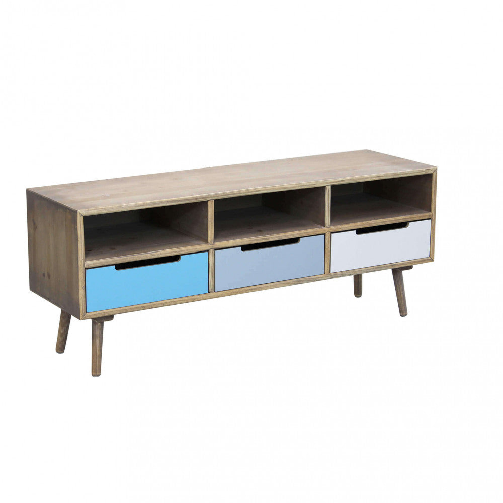 Prospettiva frontale isolata del porta TV Tiburg, evidenziando la struttura in MDF effetto legno e i tre cassetti azzurro, grigio e bianco.