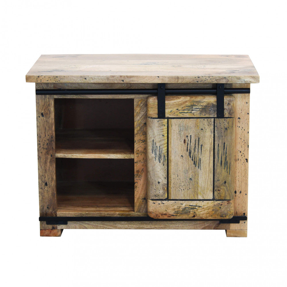 Porta TV Vaughan in legno di mango colore marrone, con anta scorrevole, ideale per un soggiorno moderno e compatto | Albert Stock