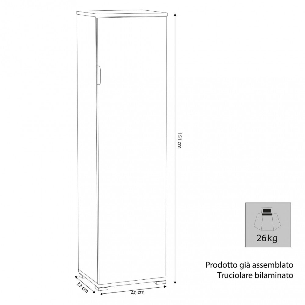 Disegno tecnico del mobile con dimensioni dettagliate di 40x33x151 cm e indicazione del peso di 26 kg.