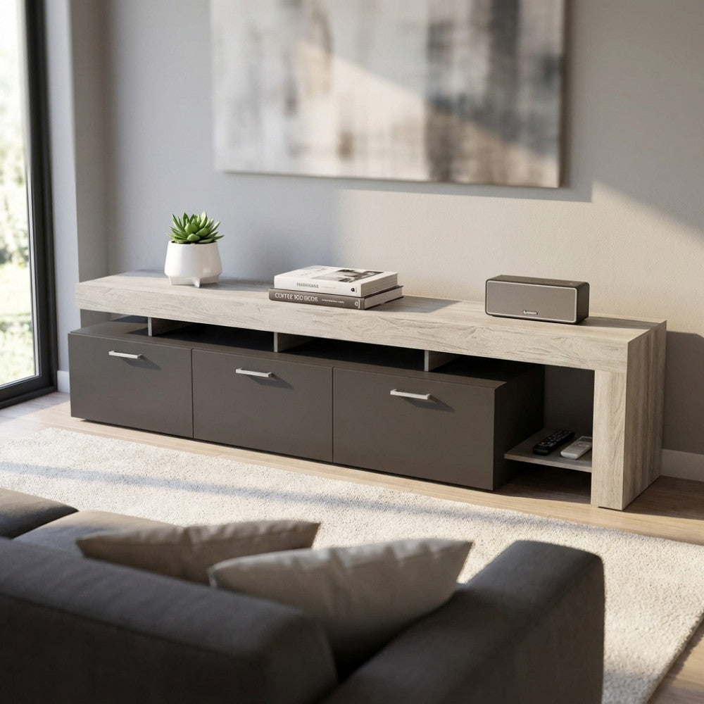 Dettaglio del Porta TV Vale con accessori decorativi, che mostra il contrasto tra pino chiaro e antracite.