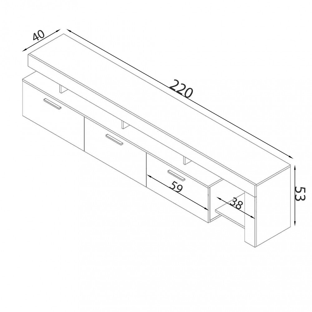 Disegno tecnico del Porta TV Vale con quote dimensionali dettagliate per la progettazione degli spazi.