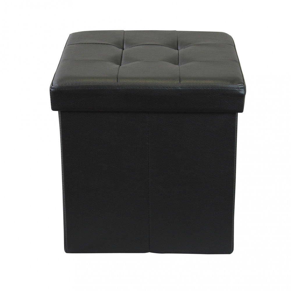 Vista frontale del pouf contenitore in ecopelle nera, che evidenzia le cuciture verticali e il design compatto su sfondo bianco.